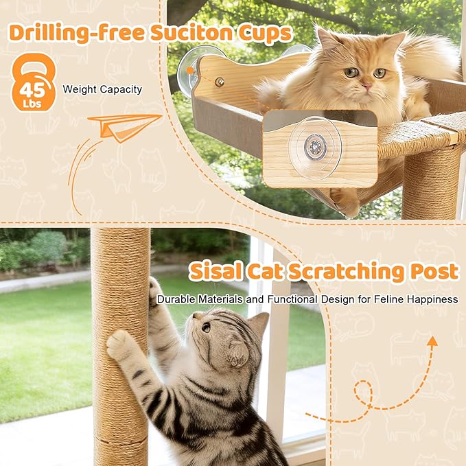 Cat Window Perch Hammock with 3-Piece Detachable Sisal Scratching Posts, Drill-Free Suction Cup Mount, Multi-Level Climbing Perch for Bird Watching, 45 LBS Capacity
