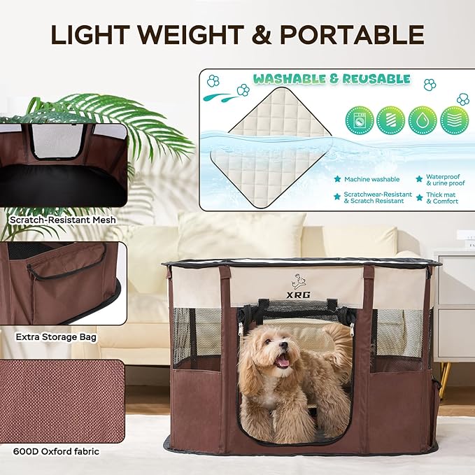 Portable Foldable Pet Playpen Collapsible Crates Kennel Playpen for Dog cat and Rabbit &Travel playpen Outdoor or Indoor (Medium（31.5" L x 23.6" W x 21.7" H）, Brown)
