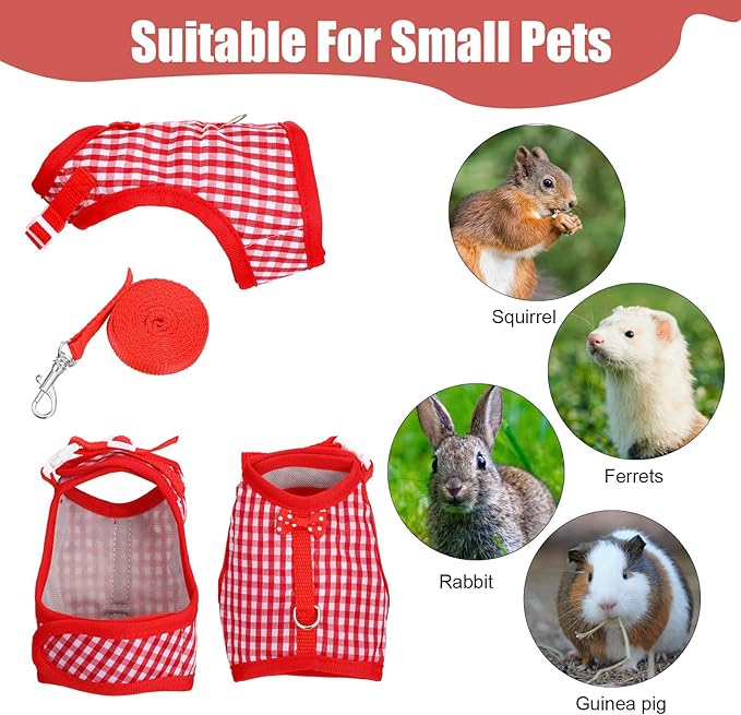 Guinea Pig Harness and Leash,Adjustable Guinea Pig Harness,Elastic Guineas Pigs Leash and Harnes,Ideal for Pet Hamster Squirrel Animals & Safe Pet Supervision(Red Plaid)