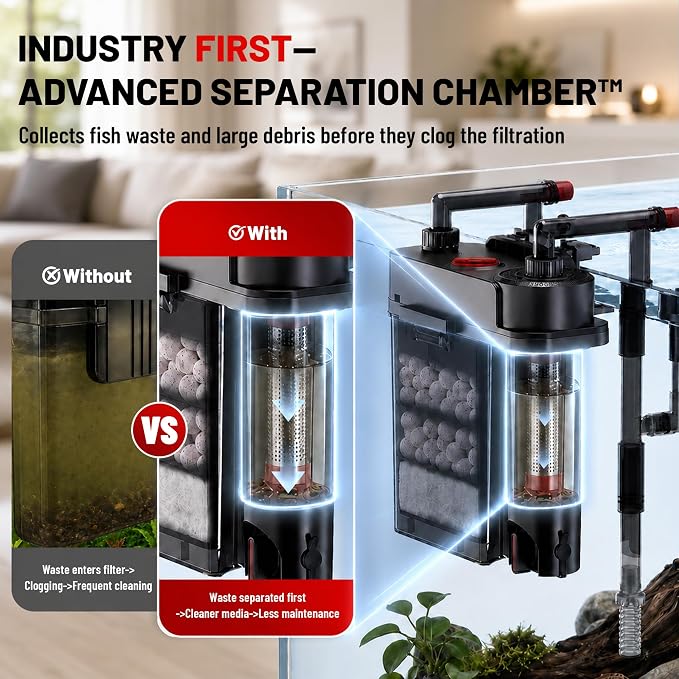 AQUASMITH HOB Aquarium Filter, Quiet Fish Tank Filter with Dedicated Waste Separation Canister, Easy Change Water, One-Touch Drainage (197 GPH for 20-60 Gallon)