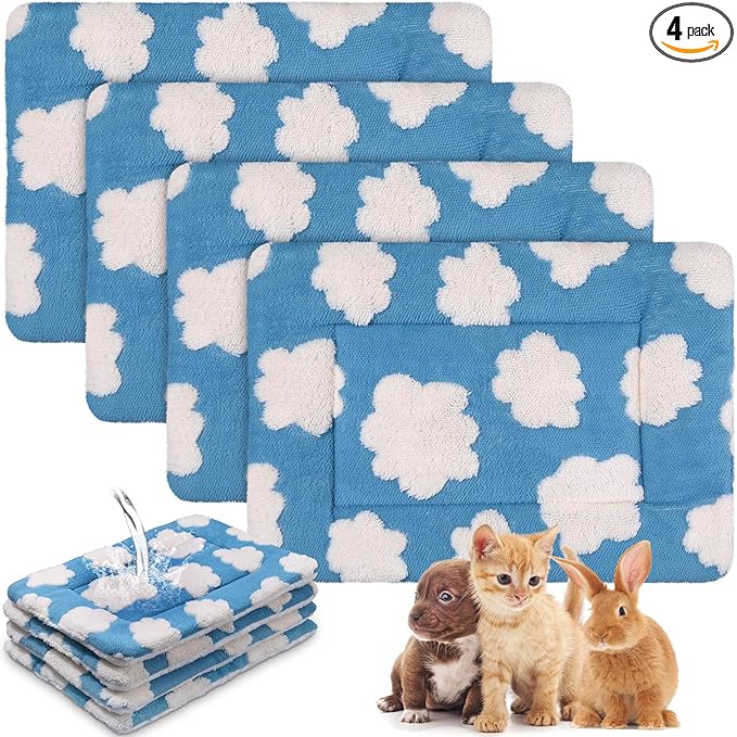 Haull 4 Pcs Waterproof Guinea Pig Bedding Guinea Pig Bed Plush Cage Liners Soft Rabbit Dog Crate Pad Cat Mat Reversible Cozy Animal Pee Pad Hamster Bunny Mat Accessory(White Cloud,13 x 18.5 Inch)