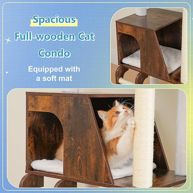 Hey-brother Wooden Cat Tree, 69.7 inch Cats Furniture Tower with Large Platforms, Hammocks, Spacious Condo, Full Sisal Scratching Posts, Ladder, Brush, Water Proof Surface, Rustic Brown MPJ121SR