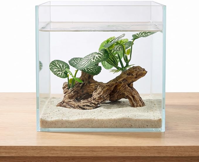 Aquarium Driftwood Decor 4 Inch - Resin Driftwood with Silk Plant Leaves, Fish Tank Decoration for Betta, African Dwarf Frog, Shrimp Hideout