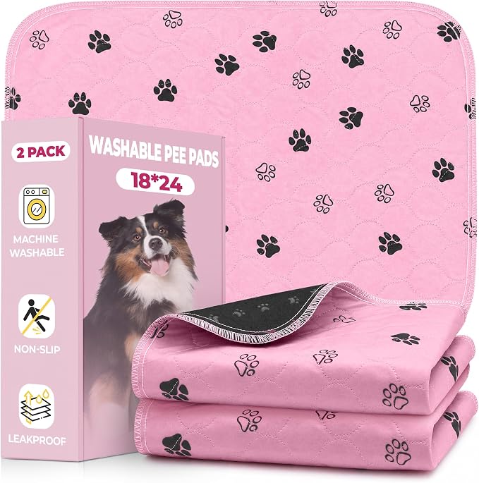 Fostanfly Reusable Puppy Pads, 2 Pack 18"x 24" Washable Dog Pee Pads, Pink | Machine Washable & Reusable, Strong Absorbency, Leakproof, Waterproof, Non-Slip Bottom, Training Mats for Potty, Crate