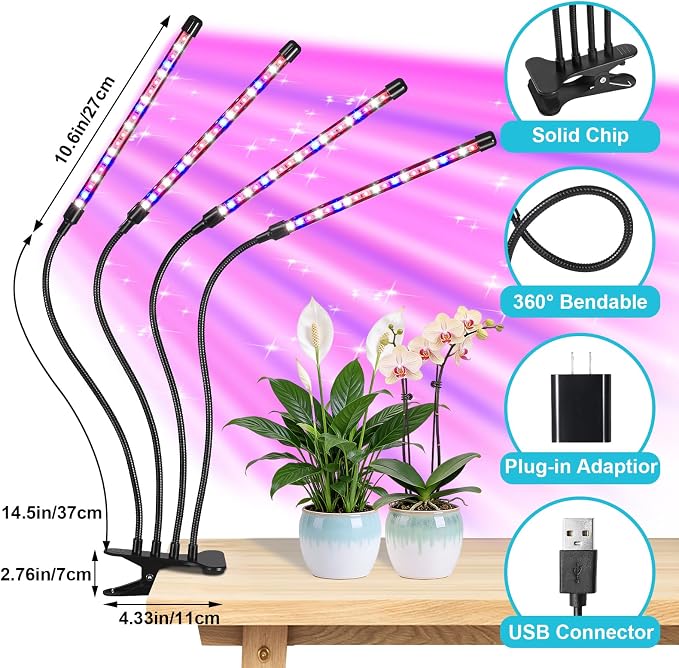 Indoor Plant Grow Light, Full Spectrum Clip Plant Lamp, 40 LED Beads with Red, Blue, White Light, Plant Growing Light with Gooseneck, 4/8/12/18H Timer, 10 Brightness Levels, 3 Lighting Modes, 4 Head