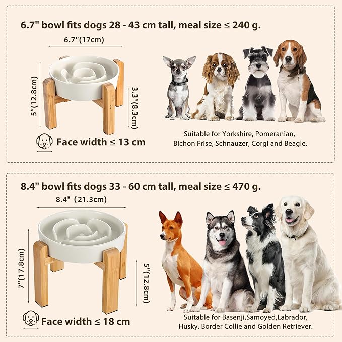Elevated Slow Feeder Dog Bowl Large Breed, 8.4 Inch Ceramic Slow Eating Bowl with Bamboo Stand, Anti-Choking Raised Maze Design for Medium to Large Dogs, 3.2 Cup, Milky White