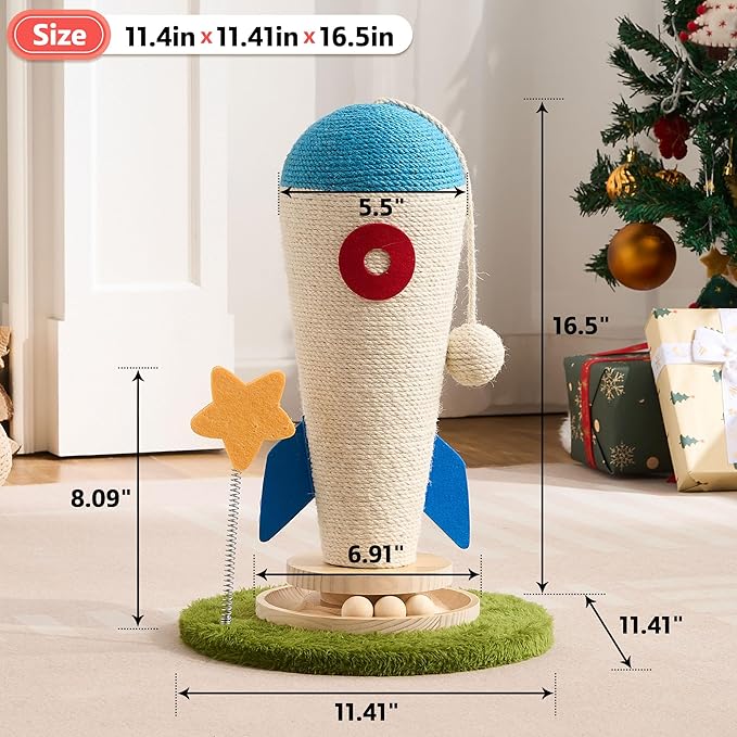 Cat Scratching Post, Rocket Cute Sisal Cat Scratcher with Durable Solid Wood Turntable Toy, Cat Scratch Post Red Cat Scratcher with Spinning Star Toy for Indoor Adult Cats