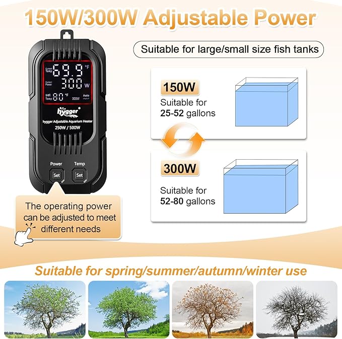 hygger Aquarium Heater, 150W/300W Adjustable Power Fish Tank Heater with Digital Display External Controller, Automatic Power-Off Protection Heater for 25-80 Gallons Freshwater and Saltwater Tank