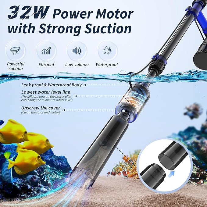 Fish Tank Cleaner - Aquarium Gravel Cleaner, 530GPH/32W Electric Fish Tank Cleaning Tools, Adjustable Water Flow Aquarium Cleaner Kit, Fish Tank Gravel Cleaner Vacuum for Wash Sand, Water Changing