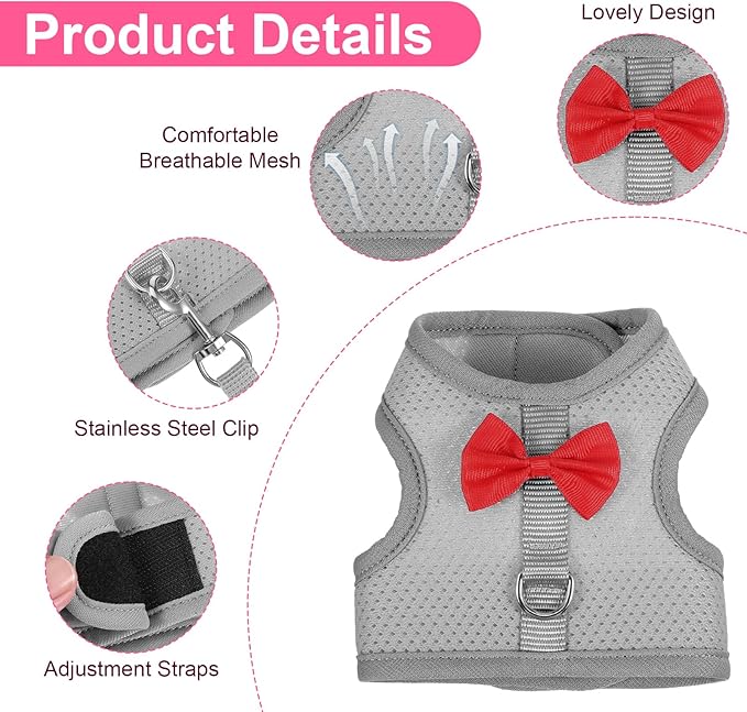 Breathable Soft Mesh Vest Harness & Leash Set for Rabbits, Bunny, Kitten, Ferret, Small Pig, Puppy, Small Pets – Gray, Medium