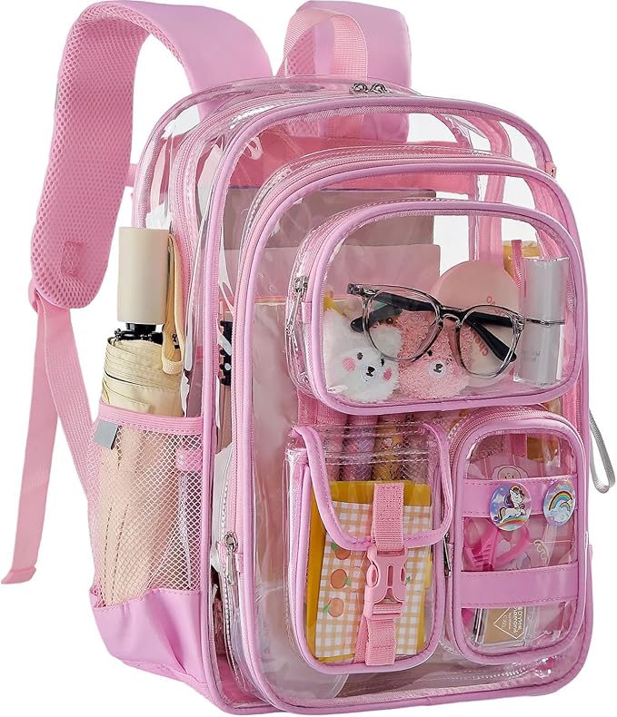Pink Clear Backpack for School,Heavy Duty PVC Transparent Bookbag for Stadium Events Sports, Girls See Through BackPack Fits 15.6 inch Laptop for Women Work Travel