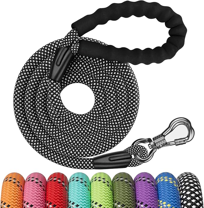NTR 6FT Training Leash, Purple Rope Leash with Swivel Lockable Hook, Reflective Thread, Padded Handle, Dog Lead line for Walking, Hunting, Camping, Backyard for Small Medium Large Dogs, Black