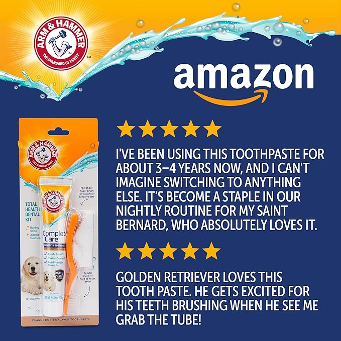 Arm & Hammer Complete Care Puppy Dental Kit, Enzymatic Toothpaste with Baking Soda and Calcium for Dogs, Peanut Butter Flavor, Toothbrush and Microfiber Brush Included, Fluoride-Free, 2.5 Oz - 2 Pack