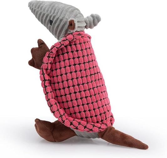 Hollypet Plush Dog Squeaky Toy Stuffed Armadillo Animal Pet Puppy Chew Toys with Clean Teeth for Small Medium Large All Breed Sizes Dogs, Bright Pink,10 in