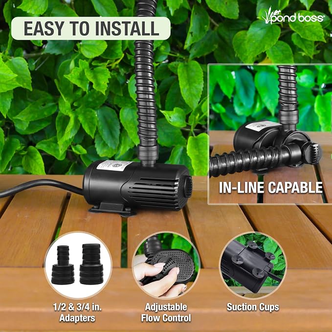 pond boss 300 GPH Submersible and In-Line Water Pump for Hydroponics, Aquaponics, Fountains, and Freshwater Aquariums – Adjustable Flow, Quiet Operation, Includes Tubing Adapters