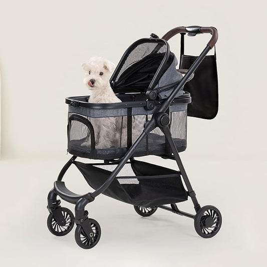 3 in 1 Pet Carrier Stroller with Detachable Carrier, Foldable Dog & Cat Stroller for Small/Medium Dogs up to 33 lbs, Large Storage Bag, Full Window Mesh, One-Touch Dual Brake, Car Seat