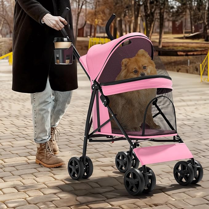 Magshion Compact Pet Stroller for Small-Medium Dogs/Cats up to 22lbs, 4-Wheel Lightweight Umbrella Shaped Portable Puppy Travel Jogger with Breathable Mesh & Rear Storage, Pink