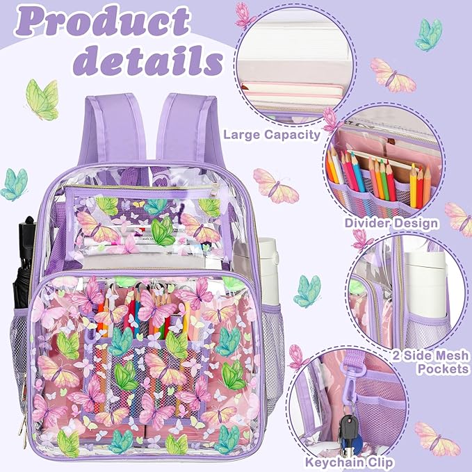 Kacctyen 3 Pcs Clear Backpack Heavy Duty Clear Stadium Bag Transparent Backpack with Lunch Bag(Purple,Butterfly)