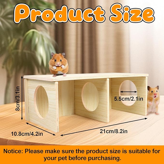 Hamster and Mouse Wooden Tunnel Cage Secret Peep Shed 2-Chamber Wooden Hamsters Chamber for Gerbil Rat Mice Hideout & Tunnel Exploring Toys