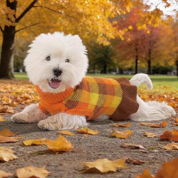Dog Sweater Dress Plaid Knitwear for Small Medium Dogs Warm Puppy Pet Turtleneck Stretch Pullover Cute Fall Winter Vest Clothes with Leash Hole for Christmas (Orange, L)