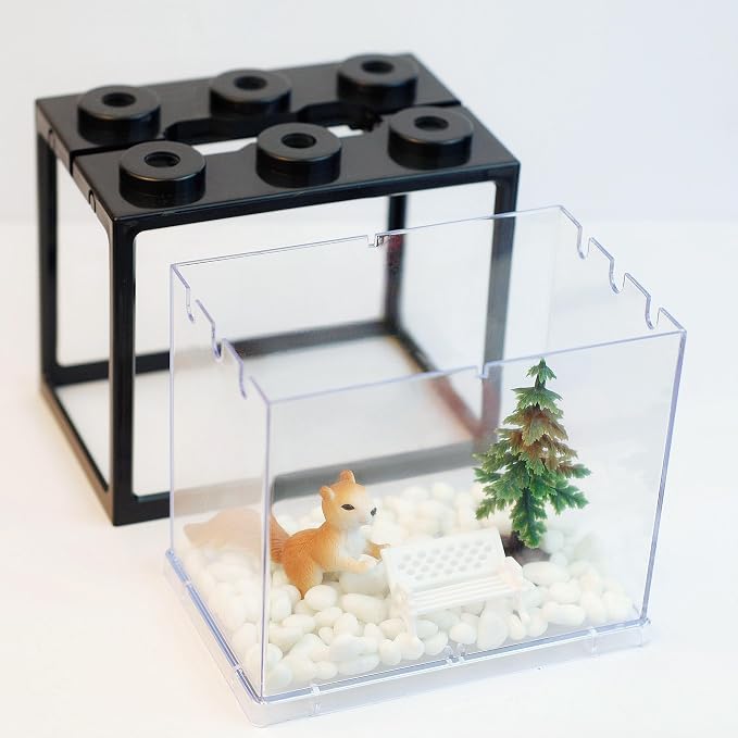Small Sea Monkey Tank, Stackable Mini Betta Fish Tank Tinny Aquarium Kit with Aquarium Gravel, Moss Ball Tank Shrimp Tank 0.27 Gallon Acrylic Cube Fish Bowl for Shrimp Snails