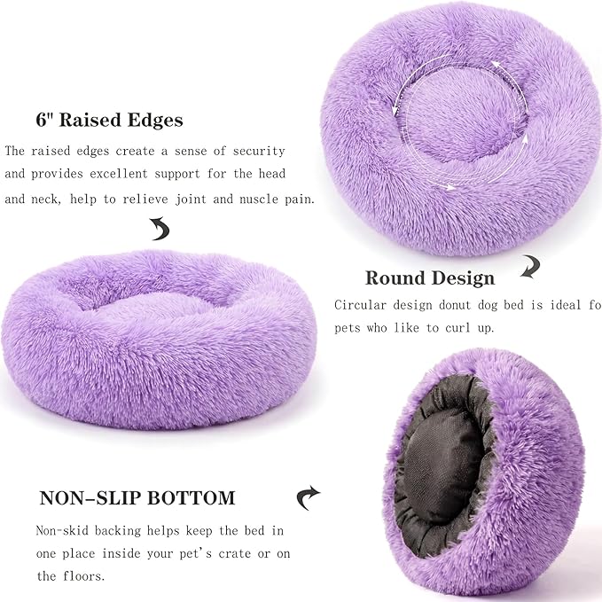 Calming Donut Dogs Beds for Small Dogs Washable,19inch Fluffy Round Puppy Bed for Puppies,Cats & Toy Breeds with Raised Rim,Fits up to 15 lbs Pets,Purple