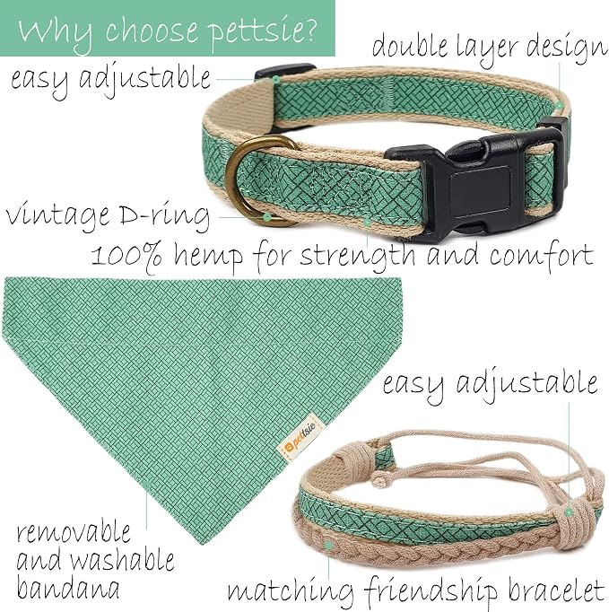 Pettsie Hemp Dog Bandana Collar & Matching Owner Friendship Bracelet | Adjustable, Durable Hemp & Soft Cotton, Matching Friendship Bracelet, Designed for Dog Lovers