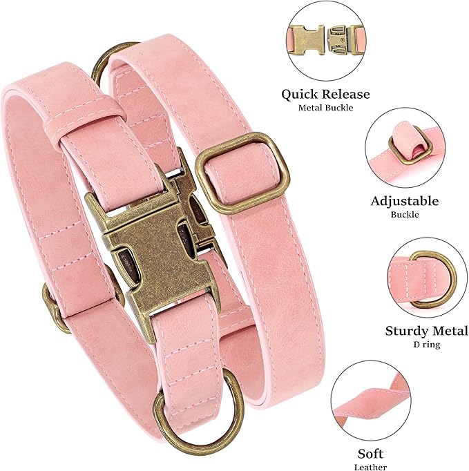 Didog Soft PU Leather Dog Collar, Stylish Quick Released Dog Collar for Large Dogs, Easy Clean Adjustable Pet Collar for Daily Walking, Pink, L Fit 16-22" Neck