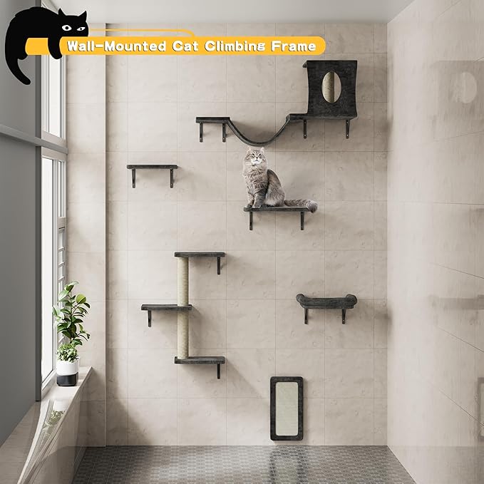 NUNU LAB Wall Mounted Cat Climber Set, 6 Pcs Cat Furniture Set with House, Bridge, Steps, Scratcher Board and Hammock, Shelves for Indoor, Luxury Walls Furniture(Dark)