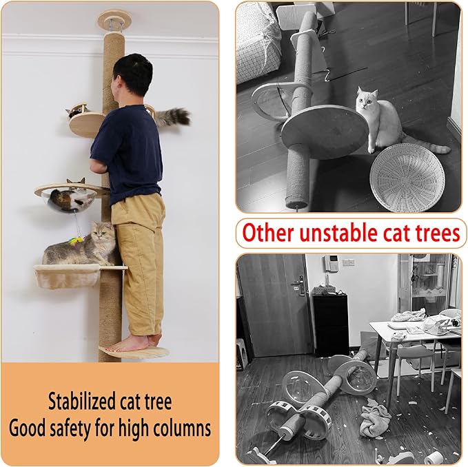 Floor to Ceiling Cat Tree Height (50-120.5in) Adjustable Cat Tower 5 Tier Hemp Scratching Post High Cat Tree Sturdy Activity Tree Indoor Outdoor Cat Scratching Post Activity Center