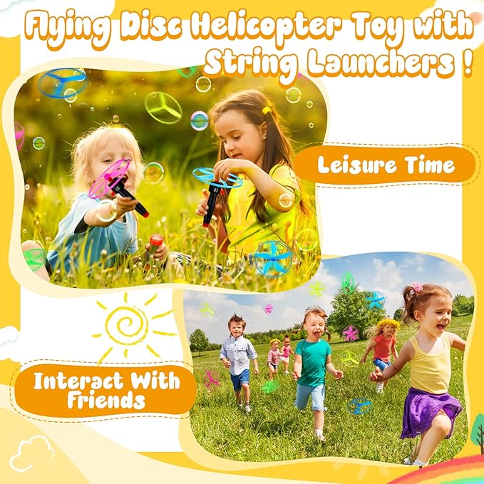 Meooeck Disk Helicopter Toy Disco Flyers Include 12 String Launchers and 24 Flying Saucer Disk Launcher Toy Fly Toys for Outdoor Activity Little Teens Birthday Party Favors(36 Pcs)