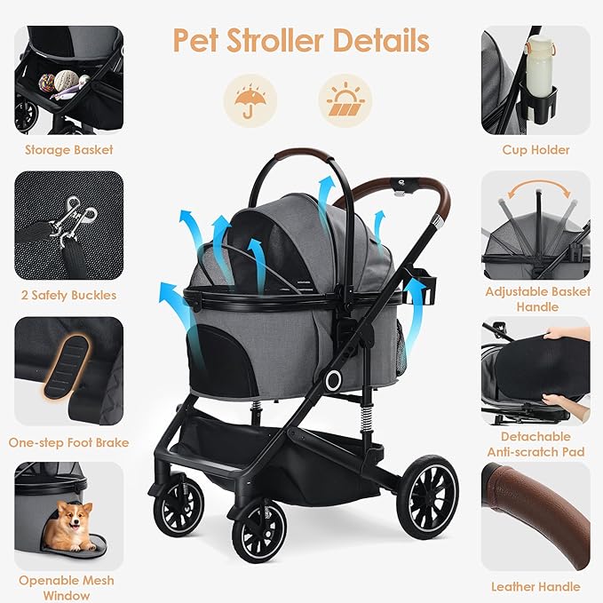 TODEFULL Pet Stroller with 4 Wheels, 3 in 1 Folding Puppy Strollers for Small/Medium Dogs Cats up to 50lbs, Lightweight Pet Travel Carrier with Detachable Cushion, Storage Basket and Cup Holder, Gray