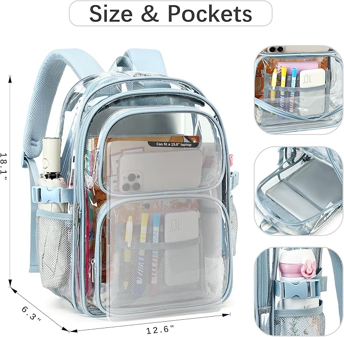 abshoo Large Heavy Duty Clear Backpack For School Bookbag Transparent Multi Pocket Backpacks (Blue)
