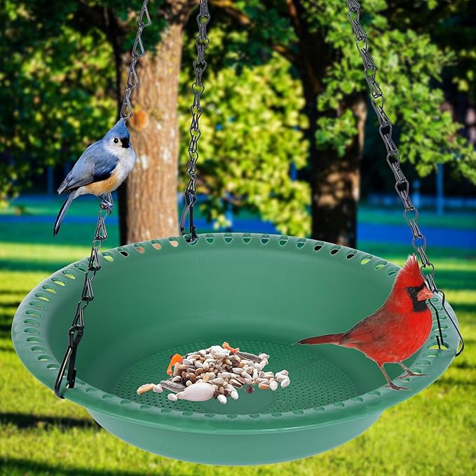 Hanging Bird Feeder Tray with Drainage Holes for Outside, Rugged Recycled Plastic Wild Bird Feeding Station (10 inch, Green)