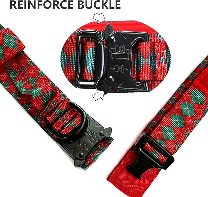 Christmas Tactical Dog Collar and Leash Set Adjustable Nylon Collar Dog Training Collar Leash Set with Control Handleand （Christmas Green XL