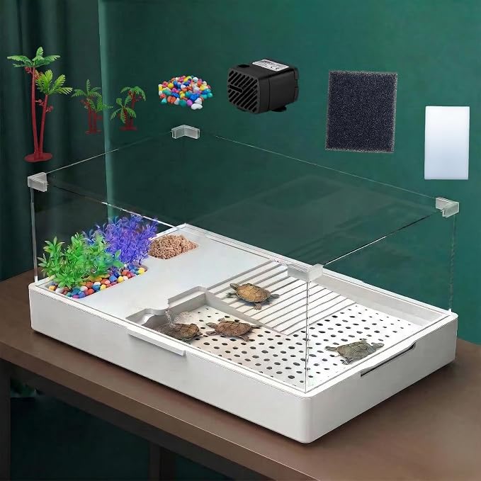 Large Turtle Tank with Water Pump | 23.6 Inch Clear Acrylic Aquarium Habitat with Basking Platform, Easy-Clean Design for Small Reptiles