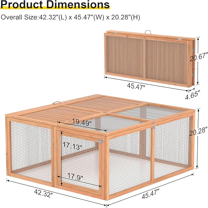 Chicken Coop, Wooden Rabbit Hutch Outdoor Indoor Folding Bunny Cage with Handle Portable Chicken Run with Top & Side Opening Doors Small Animal Playpen No Assembly Pet Poultry Cage for Bunny(Wood)