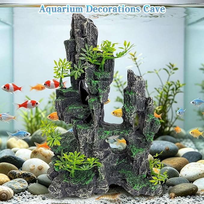 kathson Aquarium Mountain View Stone Resin Fish Tank Decoration Betta Hideout Caves Rockery Landscape Tree Rock Hiding Cave Decor for Small Fish Shrimp Play Ornament