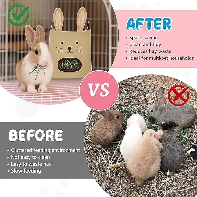Rabbit Hay Feeder Bag - Hanging Rabbit Hay Feeder for Rabbits, Guinea Pigs and Chinchillas, Moss and Alfalfa Hay（Gray）