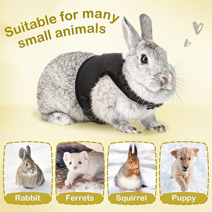 PETTOM Bunny Rabbit Harness with Stretchy Leash Cute Adjustable Buckle Breathable Mesh Vest for Kitten Small Pets Walking (Black,L)