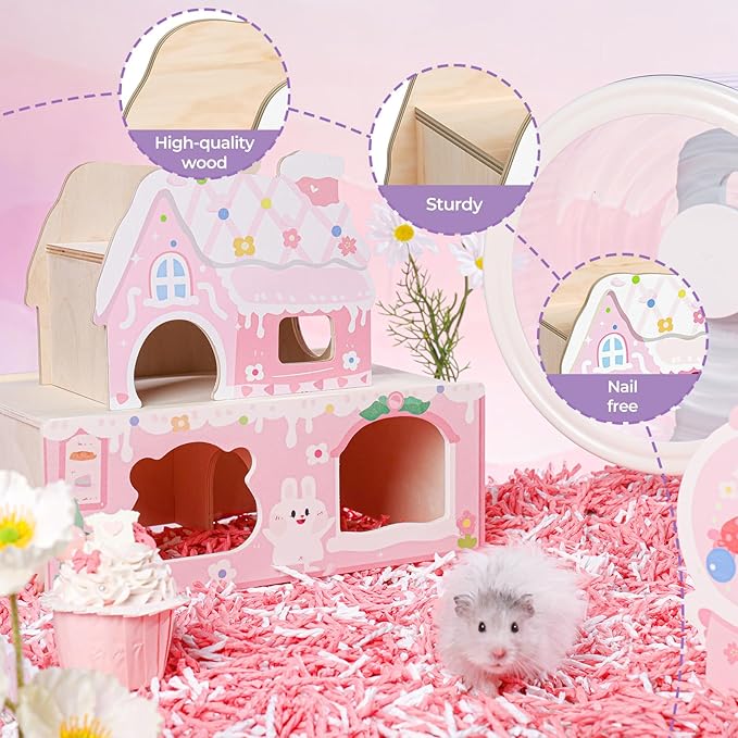 mini&moe Hamster Hideout - Wooden Hamster House Multiple Entrances Small Animal Habitat Cage Accessories & Decor for Syrian Dwarf Gerbils Rat Mouse