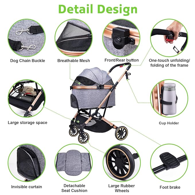 Dog Stroller for Max 45 lbs Dogs - 3 in 1 Pet Stroller with Detachable Storage Basket 4 All-Terrain Rubber Wheels Pull Rod Durable Travel Carrier for Medium Dogs 2 Small Cats (Grey)