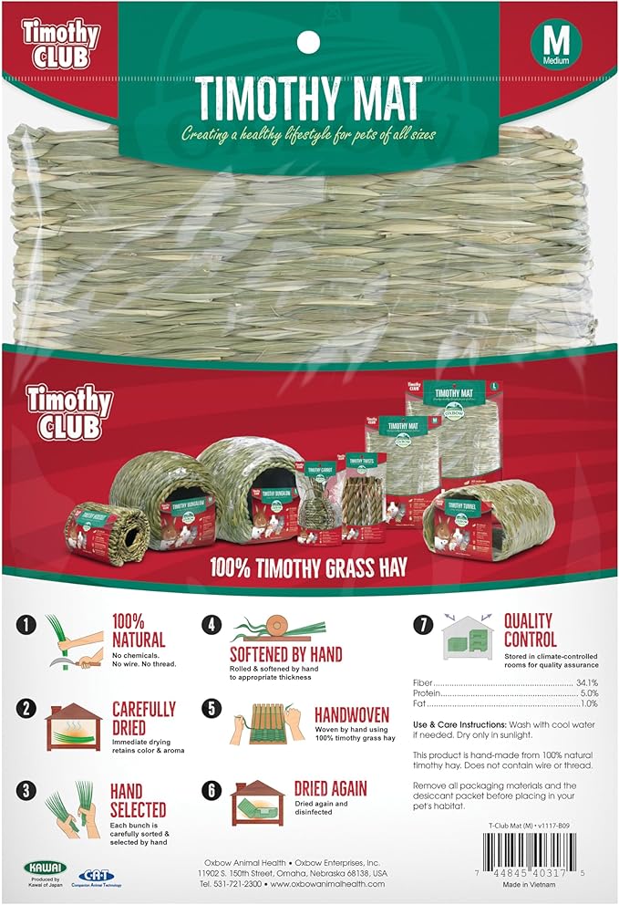 Oxbow Timothy Hay Mat – Edible Habitat Accessory for Rabbits, Guinea Pigs, Chinchillas & Rats – Hand-Woven Natural Mat and Chew, Cage Enrichment for Dental Health, Comfort & Instinctual Play, Medium