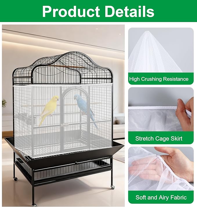 Seed Catcher for Bird Cage, Adjustable Bird Cage Seed Catcher, Stretchy Mesh Seeds Catchers for Birds Cages, White Parrot Enclosure Cover, Easy to Install & Clean