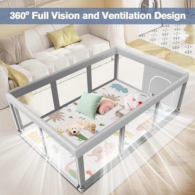 Baby Playpen with Mat 74" ×50", Large Play Yards Indoor & Outdoor, Sturdy Safety Baby Play Pen with Soft Breathable Mesh, Toddlers Play Pen with Anti-Slip Base, Waterproof Mat Included