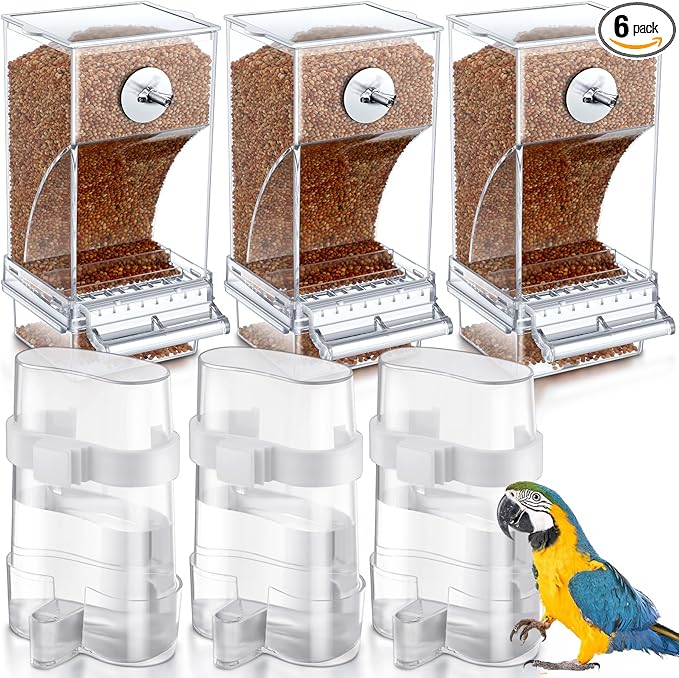 Yaomiao 6 Pcs No Mess Bird Feeders Automatic Clear Parrot Water Dispenser Acrylic Quail Feeder and Watered Cage Accessories Indoor for Small and Medium Parrot Cockatiel Canary(Clear Feeder)