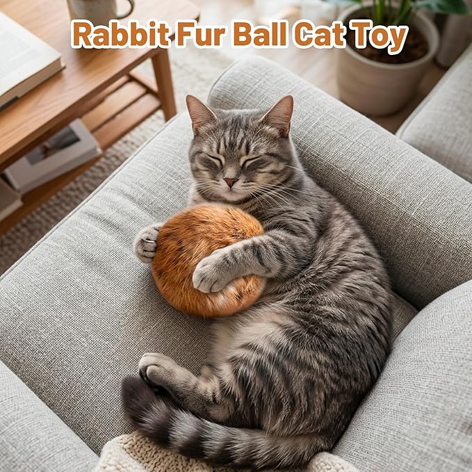 Rabbit Fur Ball Cat Toy, Indoor Exercise Enrichment, Premium Catnip Infused Rabbit Fur Balls for Cats, Washable Cat Toy, Multi-Cat Household Activity, Boredom Relief and Bonding Aid