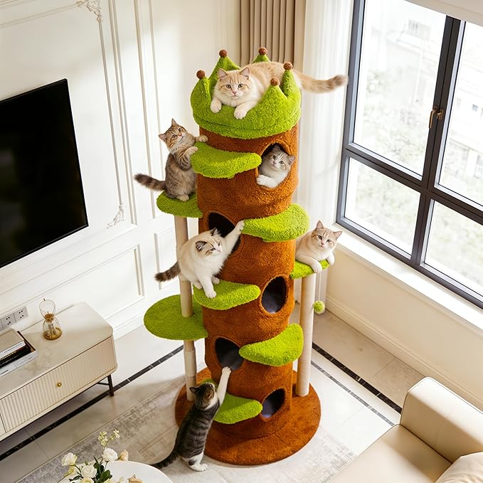 Modern Cat Tree Tower: 73.6” Tall Cat Tree for Indoor Cats Large Adult with Sisal Scratching Post - Extra Large Heavy Duty Wooden Green Cat Tree with Plush Condo