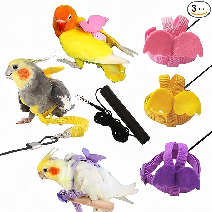 3 Sets Pet Parrot Bird Harness and Leash with Cute Wing, Adjustable Bird Flying Harness Straps Outdoor Training Traction Rope for Parrots Pigeons Lovebird Cockatiel(L,Pink, Yellow&Purple)