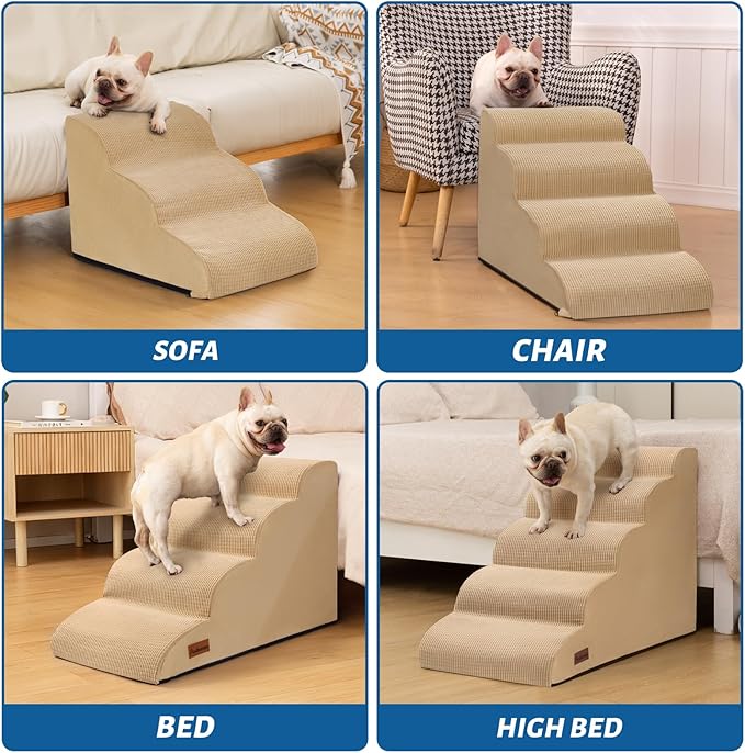 Aodisman Dog Steps for Bed, 4-Step Dog Stairs Ramp for Small Dogs and Cats, Indoor Non-Slip Pet Stairs Suitable for Older, Short-Legged, and Puppy Dogs to Climb Onto High Beds and Couch, 17.4" H,Khaki